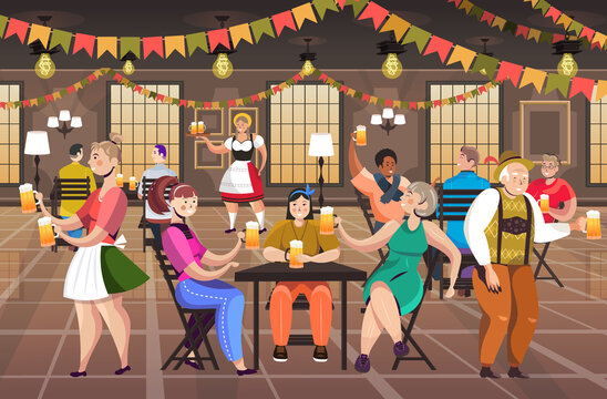 people drinking beer in pub Oktoberfest party celebration concept mix race men women having fun horizontal full length vector illustration