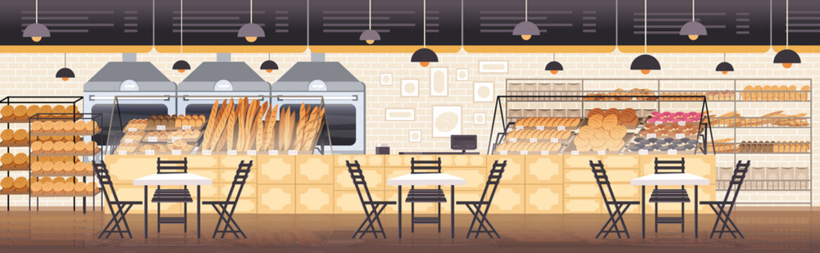 modern bakery interior empty no people restaurant flat horizontal vector illustration