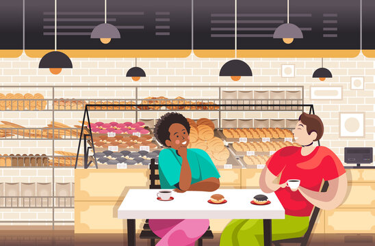 mix race people drinking coffe in bakery couple discussing during breakfast restaurant interior portrait horizontal vector illustration