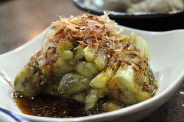 ggplant and Katsuobushi dried fish bonito flakes on top