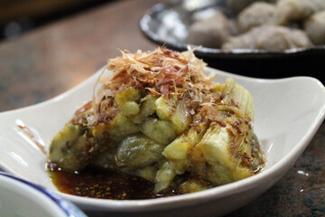 ggplant and Katsuobushi dried fish bonito flakes on top