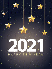 2021 Happy new year with stars hanging gold style vector design