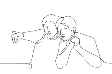 friends look in one direction, one of whom points a finger. one line drawing a man shows the path of or just indicates where to turn his attention to another man