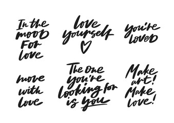 Motivational calligraphic quotes about love. Handwritten lettering set isolated on white background