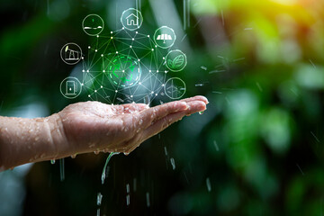 Technology, hand holding with environment Icons over the Network connection on green background.