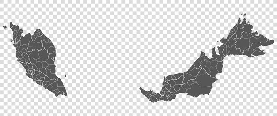 Obraz premium Blank map of Malaysia. Departments of Malaysia map. High detailed gray vector map of Malaysia on transparent background for your web site design, logo, app, UI. EPS10. 
