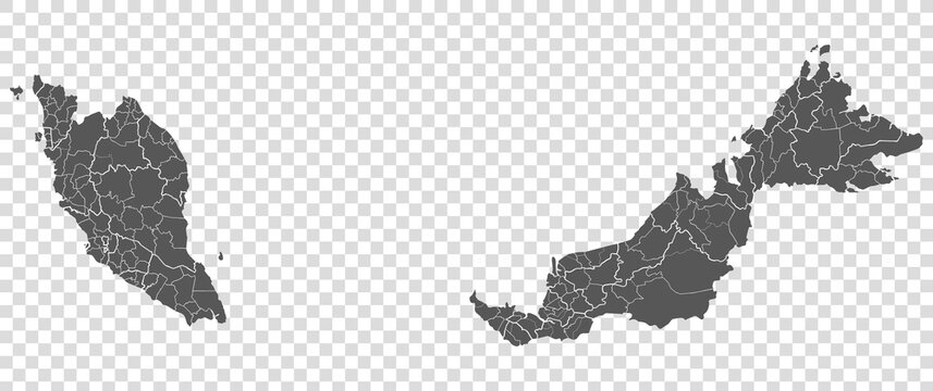 Blank map of Malaysia. Departments of Malaysia map. High detailed gray vector map of Malaysia on transparent background for your web site design, logo, app, UI. EPS10. 