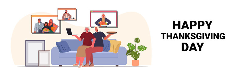 grandparents discussing with children during video call family celebrating happy thanksgiving day online communication self isolation concept horizontal copy space vector illustration