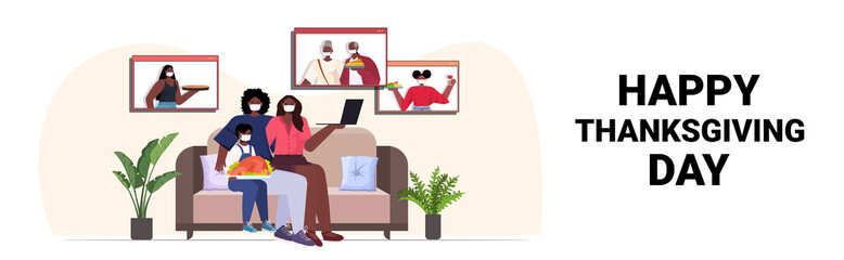 parents and child discussing with grandparents during video call family celebrating happy thanksgiving day online communication self isolation concept horizontal copy space full length vector