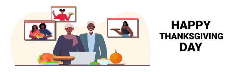 grandparents discussing with children during video call celebrating happy thanksgiving day online communication self isolation concept horizontal portrait copy space vector illustration