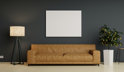 mock up poster frame in modern interior background, living room, Scandinavian style, 3D illustration