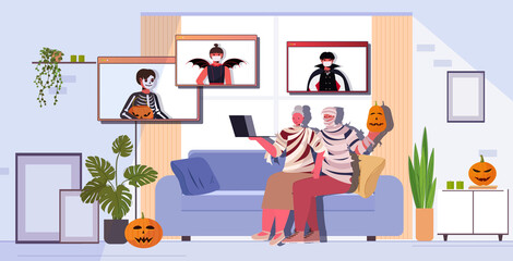 happy halloween holiday celebration grandparents in mummy costumes discussing with children during video call online communication self isolation living room interior horizontal vector illustration