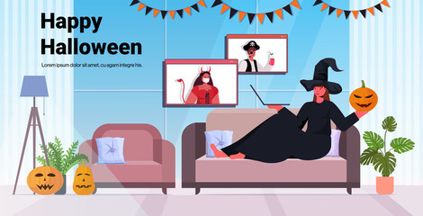 happy halloween holiday celebration woman in witch costume discussing with friends during video call online communication self isolation living room interior copy space horizontal vector illustration