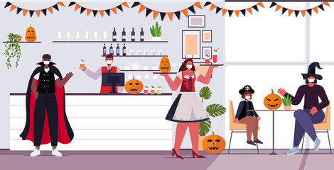 Obraz premium happy halloween holiday celebration concept waitress in costume serving cocktails to clients in cafe horizontal full length vector illustration