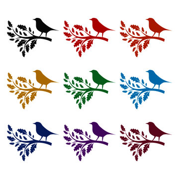 Bird on a branch silhouette icon, color set