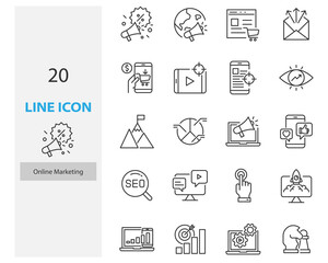 set of online marketing thin line icons, seo, ads