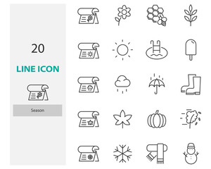 set of season thin line icons, weather, holiday, event
