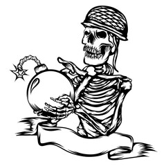 The dead skull use the helmet and hold the bomb