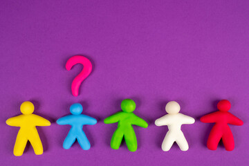 Problems in the team. Colorful little men and a question mark. Disagreements among colleagues. Conflicts in the team. Search for the source of conflicts.