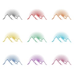 Mountain tourism and rock climbing icon, color set