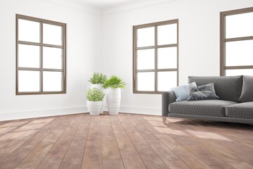 modern room with sofa,pillows and plants in white pots interior design. 3D illustration