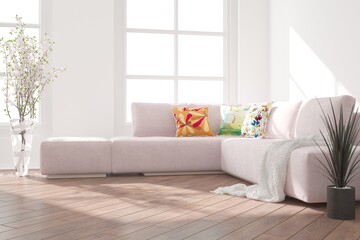 modern room with sofa,pillows,plaid,plant interior design. 3D illustration