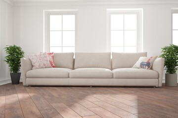 modern room with sofa,pillows,plant interior design. 3D illustration