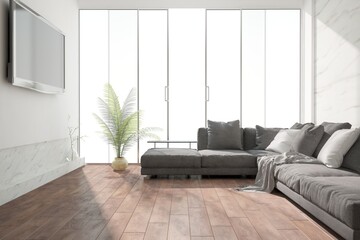 modern room with tv set,sofa,pillows,plaid and plant interior design. 3D illustration