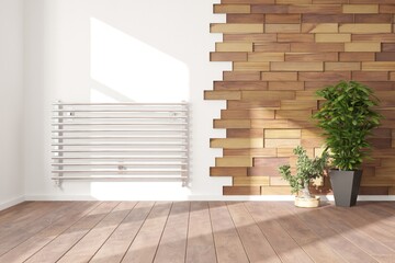 modern room with wooden wall,plants and heating battery interior design. 3D illustration