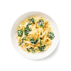 Pasta fettuccine with spinach in creamy cheese sauce isolated on a white background.	