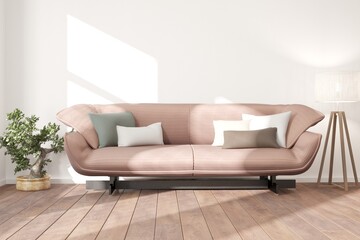 modern sofa,pillows,plant and lamp interior design. 3D illustration