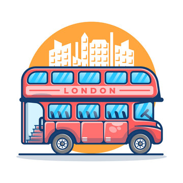 Illustration vector graphic of London Bus Transportation. London Bus with City Silhouette in background. Flat cartoon style perfect for sticker, wallpaper, icon, landing page, website.