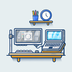Illustration vector graphic Workspace on table. Laptop and Monitor on table. Designer Workspace concept. Flat cartoon style perfect for sticker, wallpaper, icon, landing page, website
