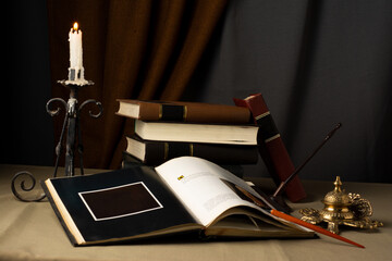 Still Life, Books, Calligraphy and a candle