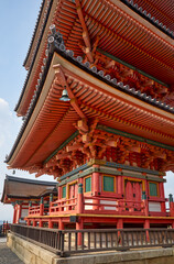 Fototapeta na wymiar The three-storied pagoda on the hill at Kiyomizu-dera (Otowa-san) temple. Kyoto. Japan