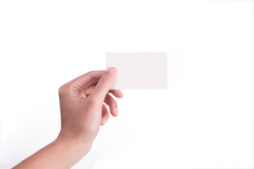 Hand Hold Blank White Card Mock-up. SIM Cellular Plastic NFC Smart Tag Call-card Mock Up Template. Credit Namecard or Transport Ticket. Christmas Store Discount Loyalty Gift. Copy space.