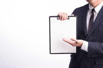 business man showing blank clipboard, isolated on white background.