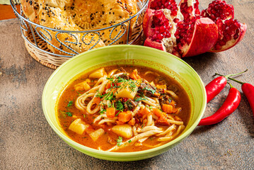 Laghman soup with meat and vegetables