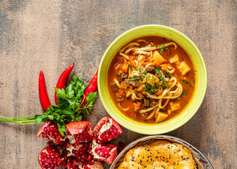 Laghman soup with meat and vegetables