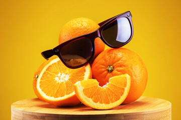 sunny oranges with glasses on a wooden stand