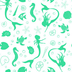 Obraz premium Sea life marine creatures and mermaids seamless pattern. Vector illustration. Vector graphic illustration. 