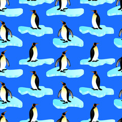 Penguins on blue background seamless pattern. Vector illustration.