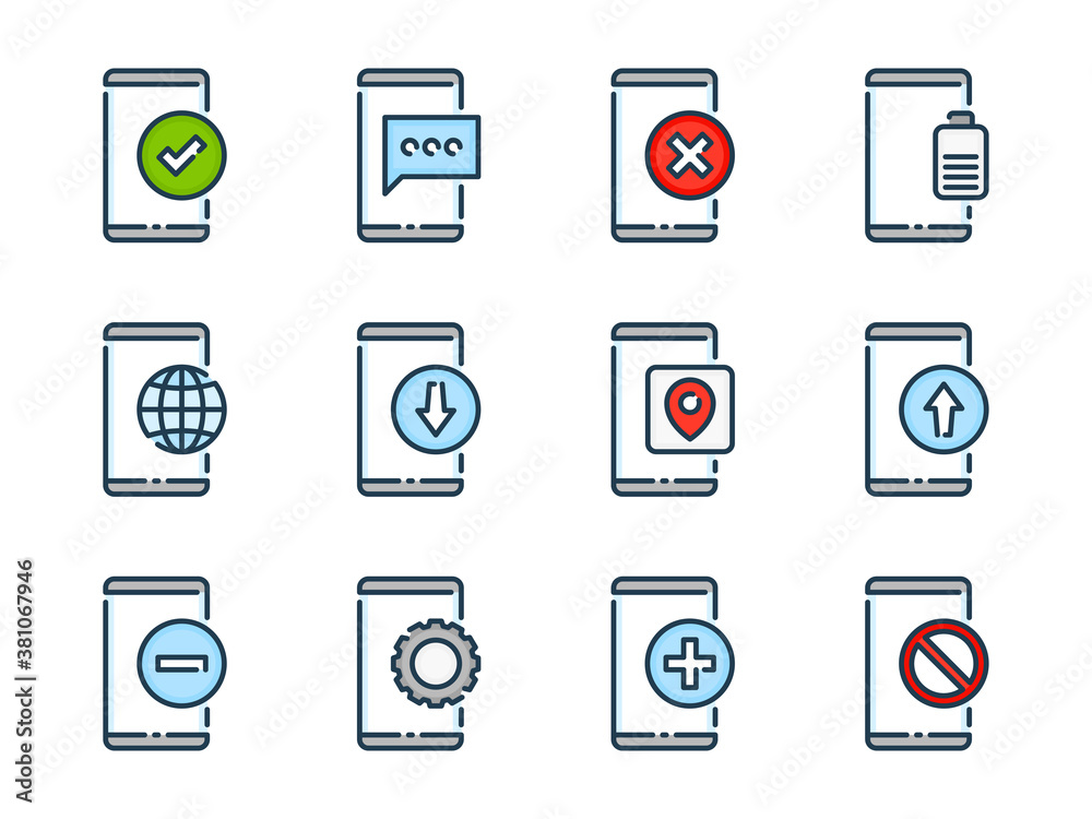 Poster smartphone basic functions related vector color line icons. mobile phone services colorful outline i