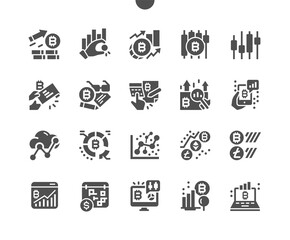 Bitcoin cryptocurrency market analysis. Technical analysis, bitcoin trading Ideas. Cryptocurrency and blockchain network business. Vector Solid Icons. Simple Pictogram