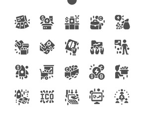 ICO token, blockchain technology. Initial coin offering. Mining of cryptocurrency. IT startup crowdfunding. Vector Solid Icons. Simple Pictogram