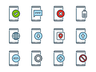 Smartphone basic functions related vector color line icons. Mobile phone services colorful outline icon set.