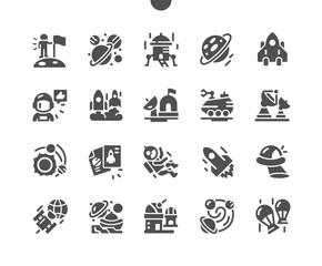 Space exploration, space technology to explore outer space. Science fiction and astronomy. Space, cosmonaut and galaxy. Vector Solid Icons. Simple Pictogram