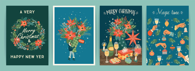 Set of Christmas and Happy New Year illustrations. Vector design templates.