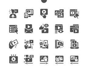 Social media video. Marketing strategy. Video live streamings. Mobile gadgets, tablet computer and smartphone for watching live video over the Internet. Content. Vector Solid Icons. Simple Pictogram