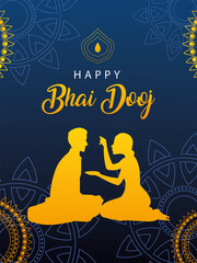 happy bhai dooj with indian woman and man silhouette with mandalas vector design